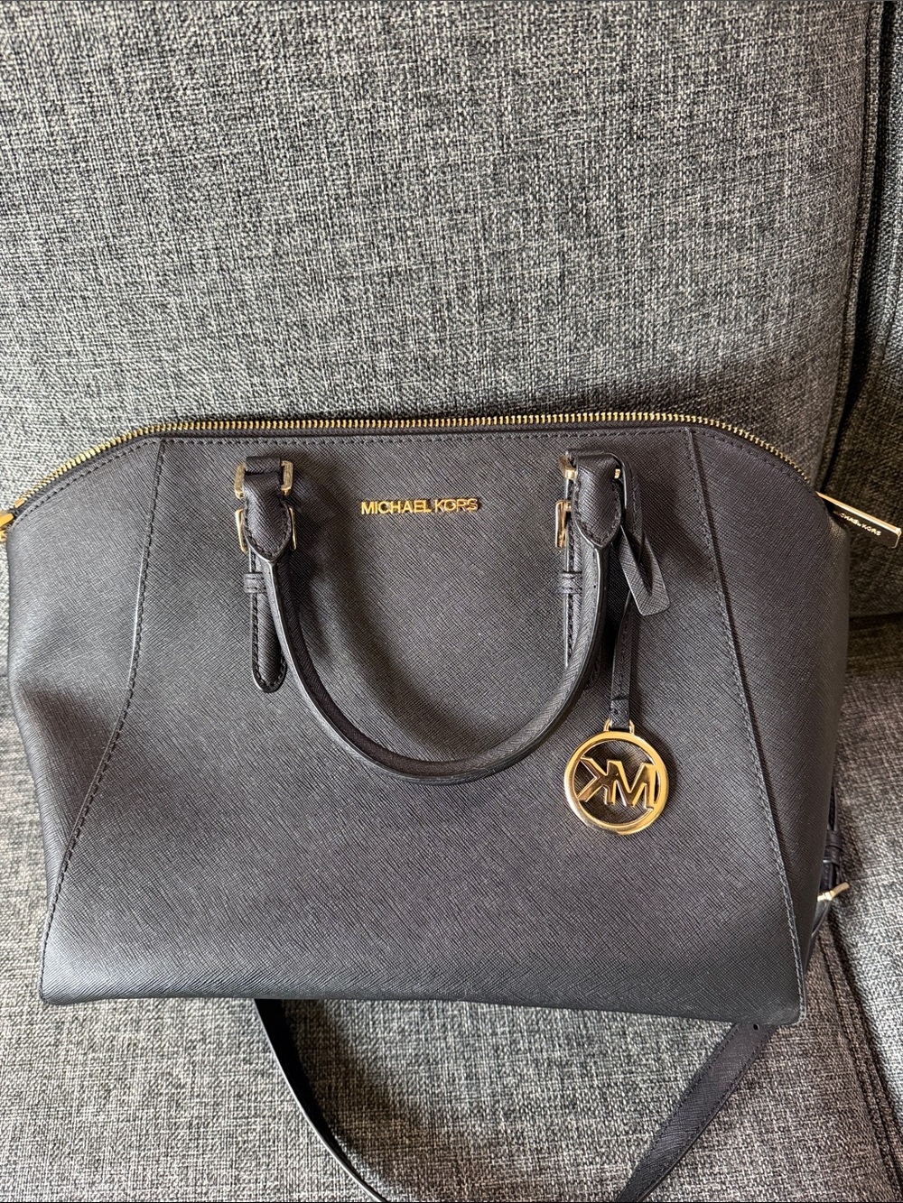 Michael Kors Black Saffiano Dome Satchel with Gold Logo Charm